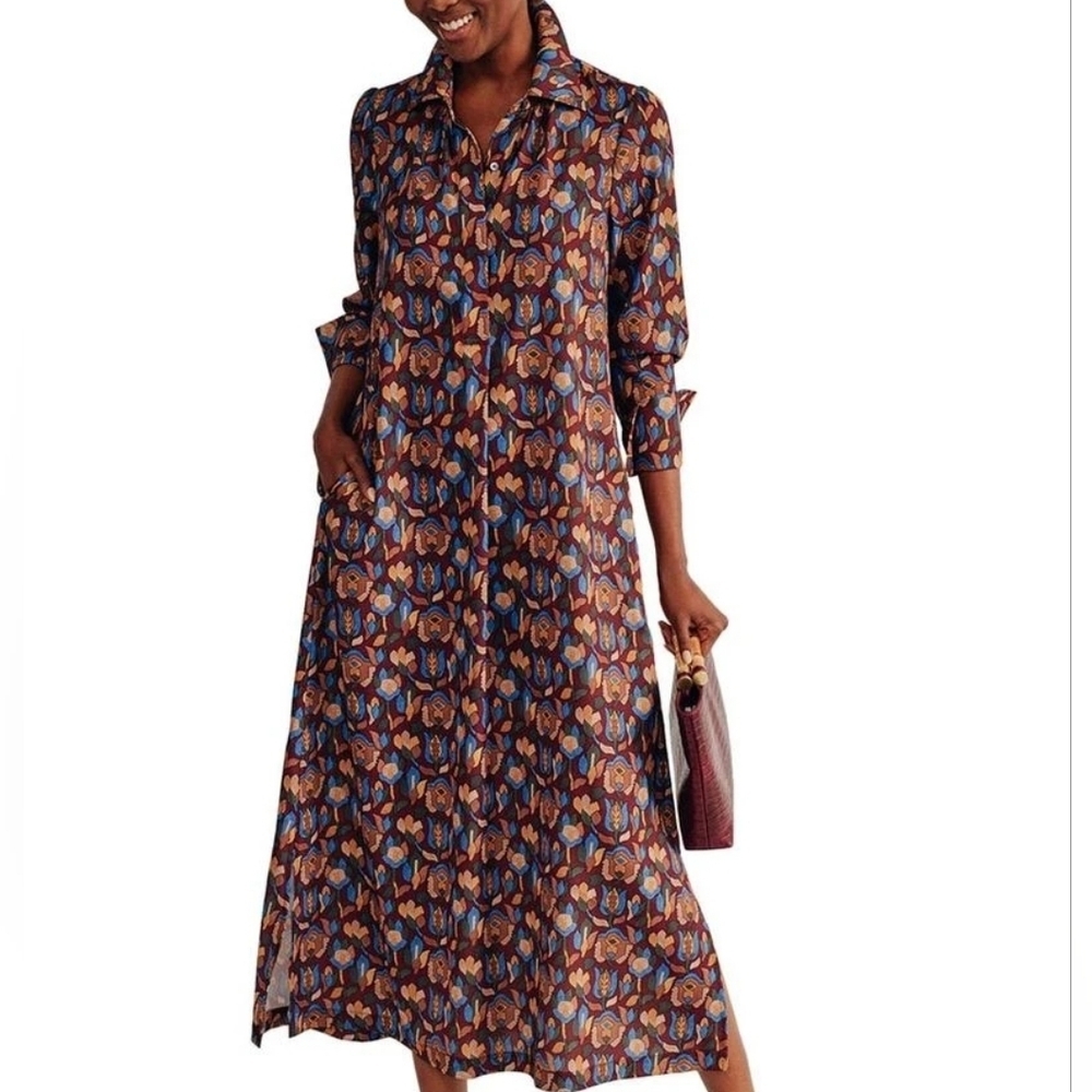 J. McLaughlin Belle Burgundy Geometric Floral Maxi Shirt Dress‎ Sz L Cottagecore